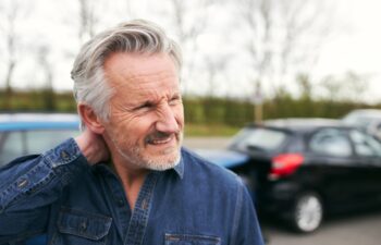 Senior male driver with whiplash injury getting out of car after traffic accident